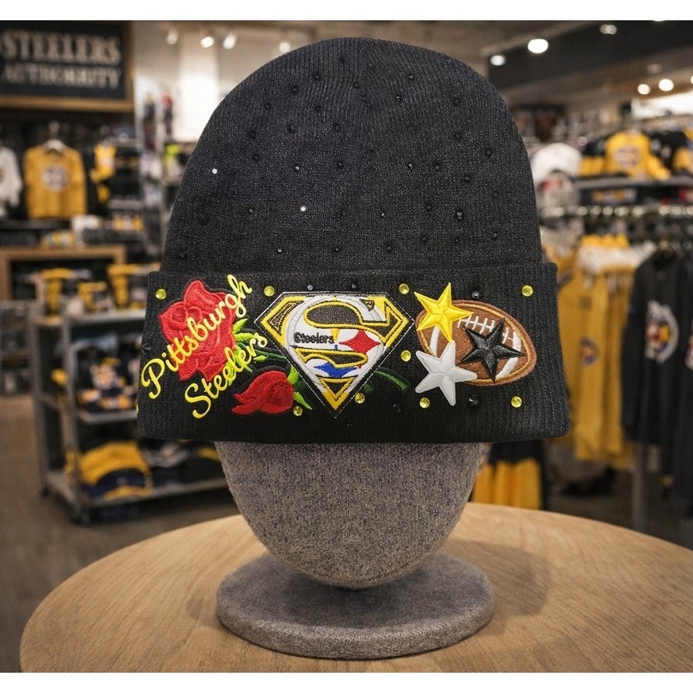 Pittsburgh Steelers Custom Rhinestone Beanie Black Knit Hat Rose Superman Logo - Picture 2 of 5